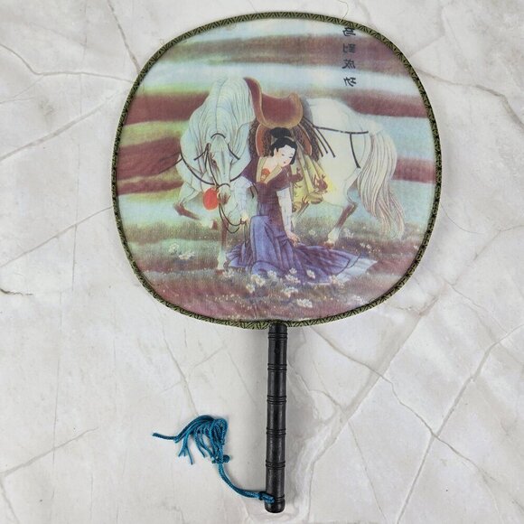 Set of 5 Chinese Silk Round Paddle Hand Fans Geisha Women Bamboo Hand Painted - Picture 10 of 16